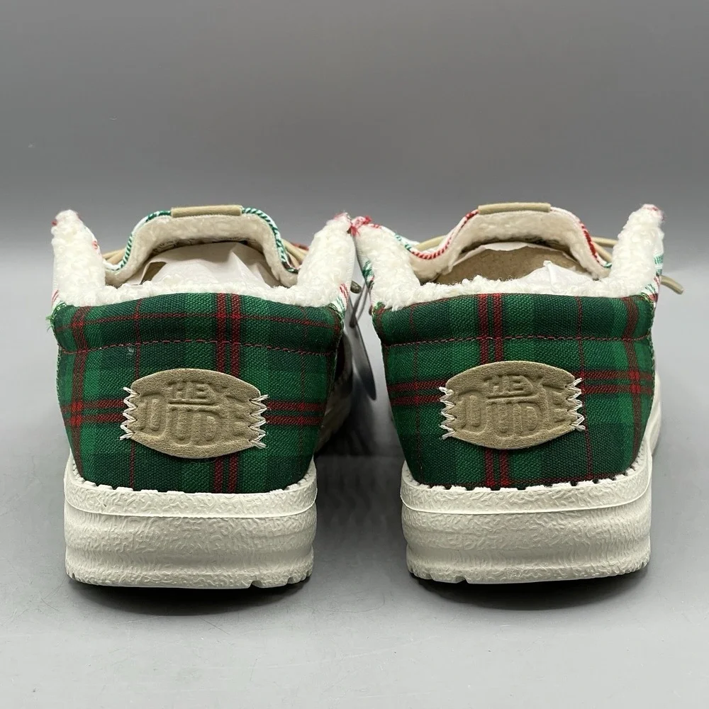 Hey‎ Dude Wally Youth Shoes US J1 Plaid Tartan Red White Green Slip-On Festive